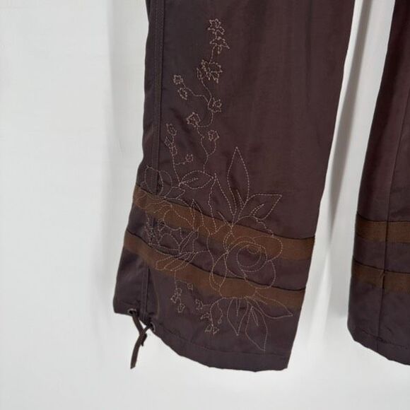 Y2K Express Cargo Floral Embroidered Wide Leg Pants Brown Size 4 Satin VTG - Picture 7 of 16